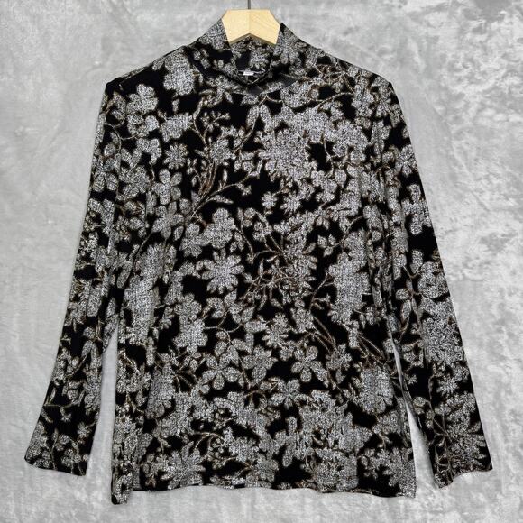 Chico's Tops - Chico's Shirt Womens M Black Floral Mock Neck Long Sleeve Stretch Knit Shimmer